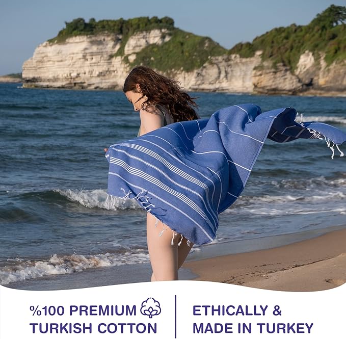 Turkish Beach Towels, Pack of 2 | Oversized, Quick Dry, Sand Free | 100% Cotton, Large 38x71 Towels for Beach, Pool, Travel | Ultra-Soft, Compact, and Absorbent | Blue