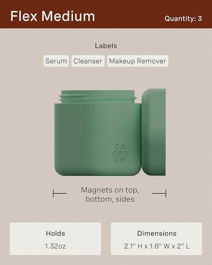 Cadence Travel Containers - Core Skincare Set - Magnetic Containers with Lids,2 Small (0.56oz) & 3 Medium (1.32oz) - Cleanser, Moisturizer, Serum, Makeup Remover & Sun Icon Labels - Sand