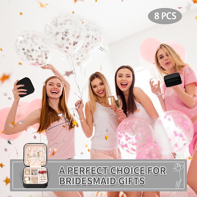 Leezmark 8 Pcs Jewelry Travel Case, Bridesmaid Gifts Set Of 6 & 8, Velvet Portable Jewelry Travel Organizer Small Jewelry Box Bridesmaid Proposal Gifts Box Mini Storage Organizer Storage Box, Black