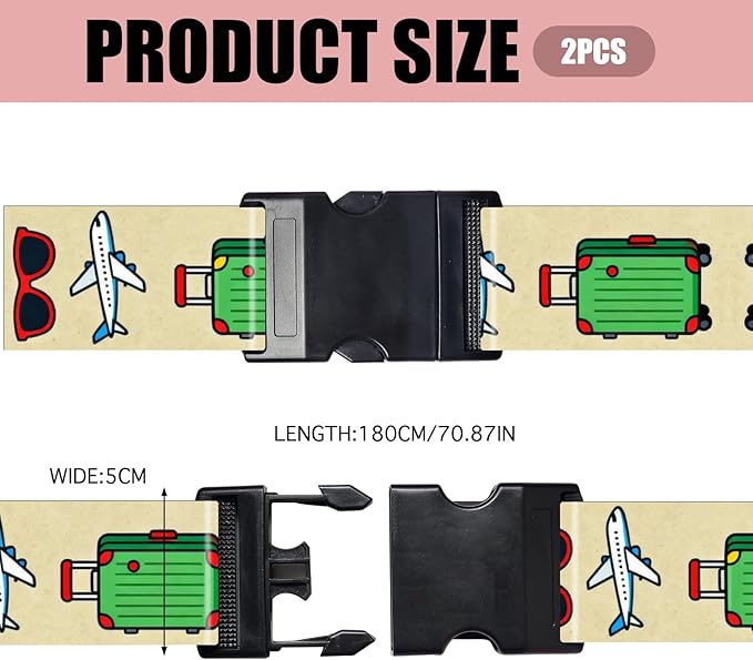 Nuxovilar Luggage Straps of 2 Set Sunglasses Airplane Suitcase Pattern, 1.96x90.5 inches - Luggage Straps for Suitcases, Perfect for Travel, Business Trips, Vacation
