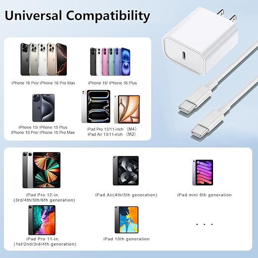 iPhone 16/15 Charger Fast Charging 20W USB Type C Charger Block 3Pack C Chargers Fast Charging Cord 10FT Long Charger Cable for iPhone16/16 Plus/16 Pro/16 Pro Max,iPhone 15,iPad Pro 12.9"/11",iPad Air