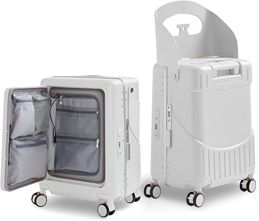 20 Inch Ride on Luggage With Seat For Kids&Adults,with Front Pocket, Foldable Seat Back TSA Approved Lock, 360° Spinner Wheels (20 inch,White)