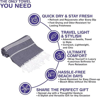 Turkish Beach Towels, Bulk Case of 12 | Oversized, Quick Dry, Sand Free | 100% Cotton, Large 38x71 Towels for Beach, Pool, Travel | Ultra-Soft, Compact, Absorbent | Navy