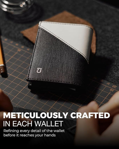 Jenoss Smart Wallet For Men: Full Grain Leather, Handcrafted, Slide Metal Pop Up Case, Slim RFID Blocking Credit Card Holder, Minimalist, Compact 12 Cards Slot Organizers, ID, Money Clip (Black&Cream)