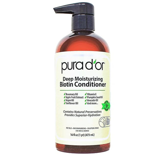PURA D'OR Deep Moisturizing Biotin Conditioner Thickens, Softens, & Moisturizes Dry, Frizzy, Damaged Hair w/Argan Oil, Pumpkin, Rosemary, Honeysuckle, Vitamin E, Men & Women, 16oz