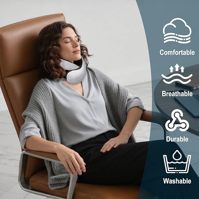 Travel Neck Pillow for Airplanes, 100% Memory Foam Neck Pillow for Sleeping, 360° Neck Support Pillow, Compact and Ergonomic Design for Travel, Car Rides, Airport (Light Grey)