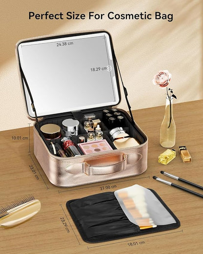 JUSRON Travel Makeup Bag With LED Mirror, Cosmetic Train Case with Light up Mirror, Portable Makeup Artist Organizer Bag with Adjustable Dividers, Makeup Brush Holder Storage (Rose Gold, Medium)