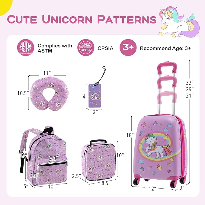 BABY JOY Kids Luggage, 5 Pieces Luggage Set w/ 16" Carry-on Hardshell Spinner Toddler Suitcase, 13" Backpack, Neck Pillow & Insulated Lunch Bag, Travel Kids Rolling Suitcase for Girls (Pink Pony)