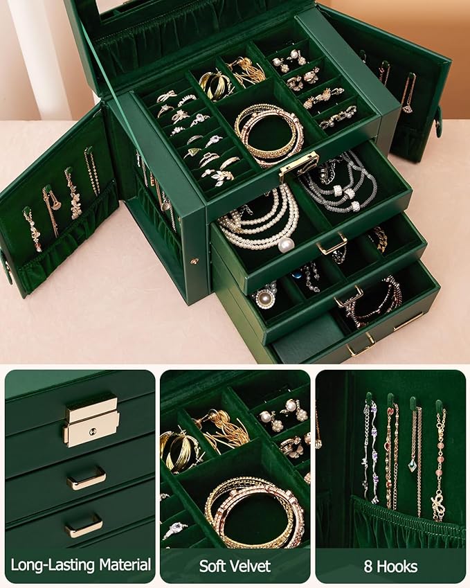 Homde 2 IN 1 Jewelry Box for Women Girls with Small Travel Case Mirror Necklace Ring Earrings Organizer - Christmas Gifts (Forest Green + Gold)