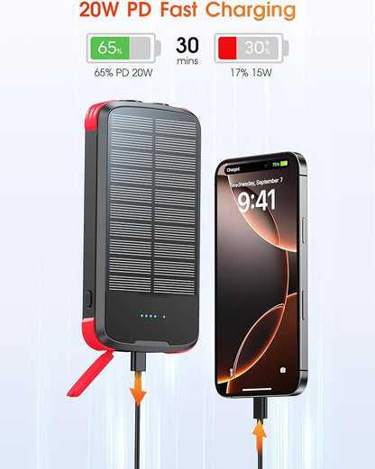 Solar Charger Power Bank, PD 20W Fast Charging External Batter, 40000mAh Portable Phone Charger Built in 4 Cables with Dual Bright Flashlights for Camping, Hiking, and Outdoor Use（RED）