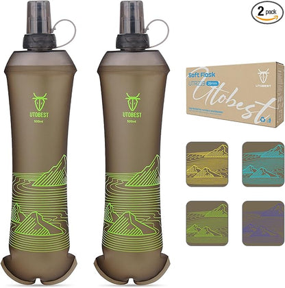 500ml Soft Flask, 2 Pack Flexible TPU Hydration Water Bottle, Collapsible with 28mm Caliber for Running, Hiking, Cycling, Climbing, and Marathon Green