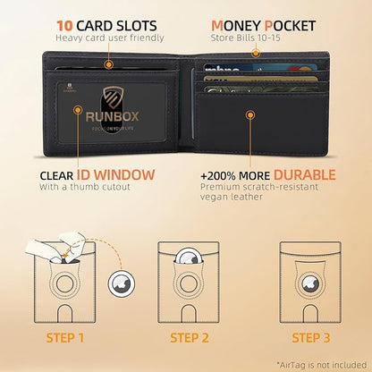 RUNBOX AirTag-Wallet-Mens-Slim-RFID Blocking Wallets Leather with Bill Compartment Air Tag Bifold Card Holder Wallet Gifts for Men Dad