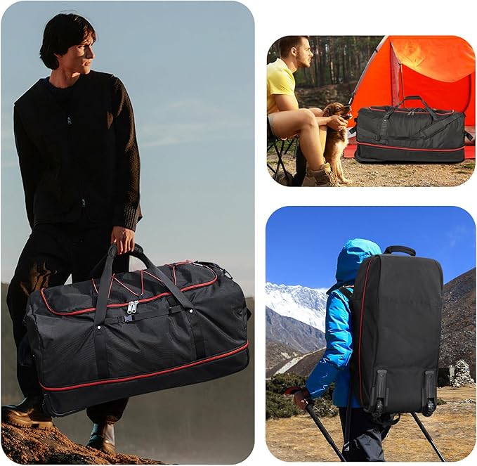 Vomgomfom 32" Soft-Sided Foldable Wheeled Travel Duffel Bag,Expandable 110L to 140L Rolling Cargo Bag with 2 Wheels and Multiple Pockets,Black-red