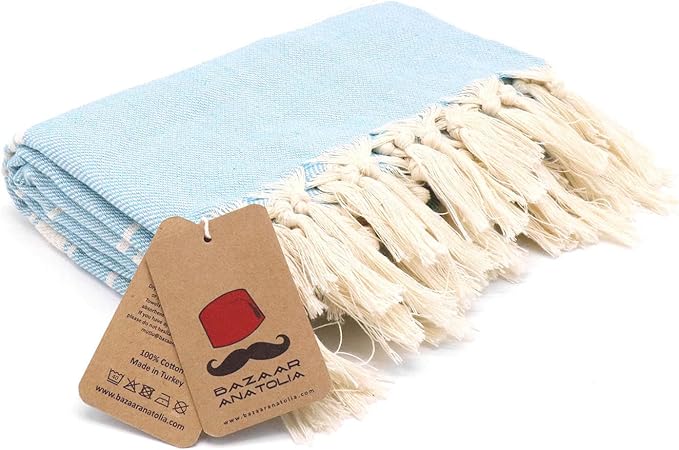 Bazaar Anatolia Turkish Beach Towel – 100% Cotton, Quick Dry, Sand Free Swim Towel for Swimmers, Beach Days – Oversized 71x39 Inches – Stripe Turquoise