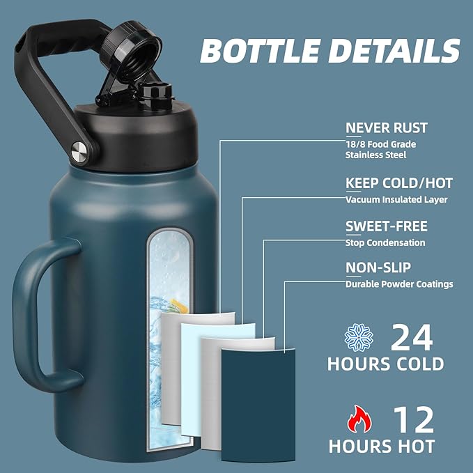 BJPKPK 87oz Insulated Water Bottle with Handle, Large Dishwasher Safe 2/3 Gallon Water Bottle, BPA Free Water Jug, Wide Mouth Metal Flasks with Anti-slip Bottom, Keep Cold & Hot,Navy Blue
