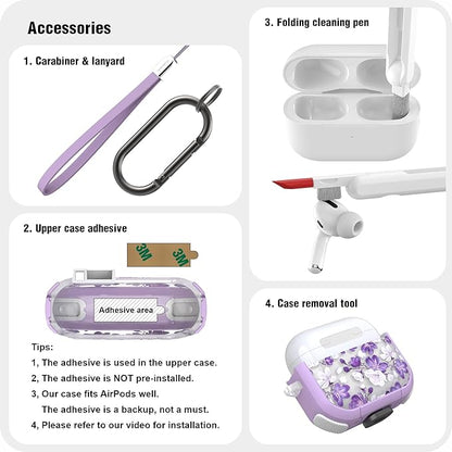 WENEW Case for AirPods 4th Case Cover Secure Lock Automatic Snap Switch Clip Cleaner Kit Lanyard Women Stylish Flower Armour Hard Shell Full Body Front LED Visible (Purple Flower, AirPods 4th)