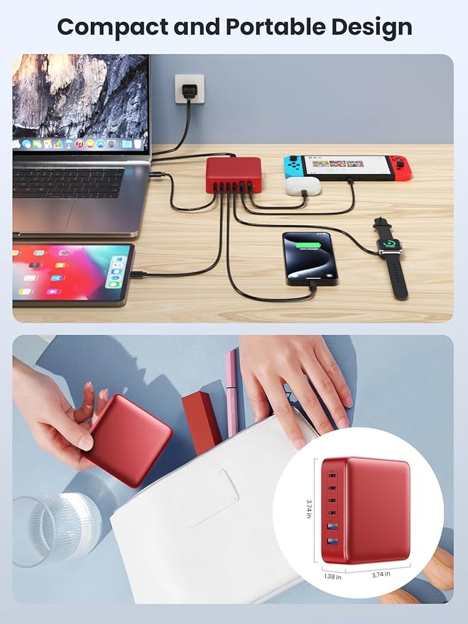 USB C Charger Block 200W,Upgraded GaN IV 6-Port USB C Charger, Fast Charging Station Hub, PD 65W Laptop Adapter Compatible with DELL HP MacBook Pro/Air/iPad, iPhone 16/15/14, Galaxy S24 etc-Red