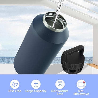 BJPKPK Half Gallon Water Bottle Insulated, Dishwasher Safe 64 oz Water Bottle with Handle, Leakproof BPA Free Thermal Flasks, Large Stainless Steel Jug for Sports, Navy Blue