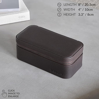 TAWBURY Watch Case - 3 Slot Genuine Top-Grain Leather Watch Travel Case for Men & Women with Metal Zipper and Extra Wide Pillows for Large Watches (Brown)