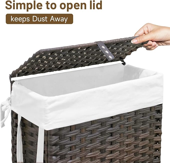 70L Slim Laundry Hamper with Lid & Wheels, 2-Park Rolling Laundry Basket with 4 Removable Liner Bags & 3 Mesh Bags, Narrow Dirty Clothes Basket, Foldable Handwoven Rattan Laundry Sorter, Brown