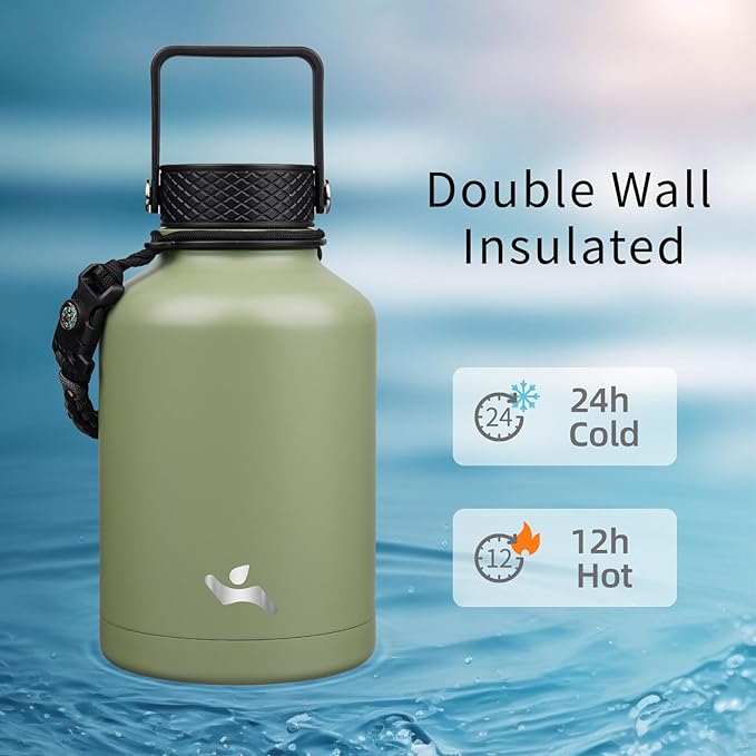 Insulated Water Bottle with Straw,50 oz 3 Lids Water Jug with Carrying Bag,Paracord Handle,Double Wall Vacuum Stainless Steel Metal Flask,Camp Green