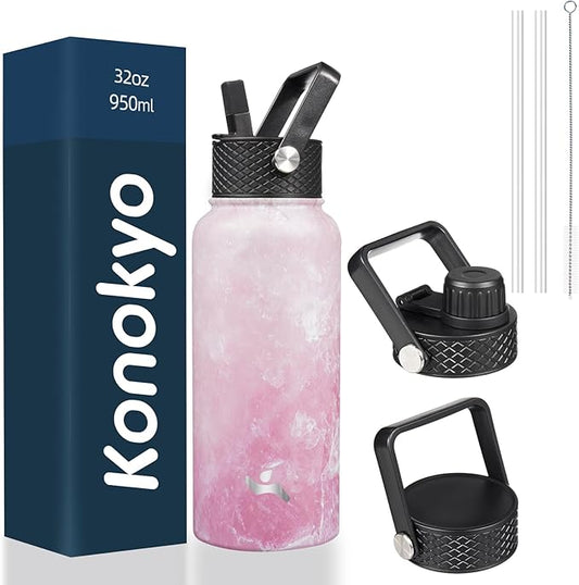 32 oz Insulated Water Bottle Stainless Steel Sport Bottles with 3 Lids,Marble Blossom