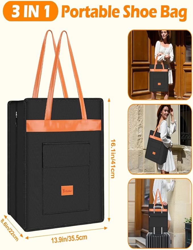 Yotako Shoe Bag for Travel with Leathers Handle,Portable Shoe Organizer with Pockets,3 in 1 Hanging Luggage Shoe Storage Bag,Travel Shoe Bag for Women Men Fit 6 PCS Shoes,Black