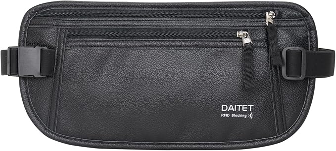 PU Leather Money Belt - Passport Holder Secure Hidden Travel Wallet with RFID Blocking, Undercover Fanny Pack(Black)