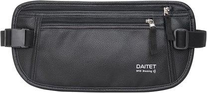 PU Leather Money Belt - Passport Holder Secure Hidden Travel Wallet with RFID Blocking, Undercover Fanny Pack(Black)