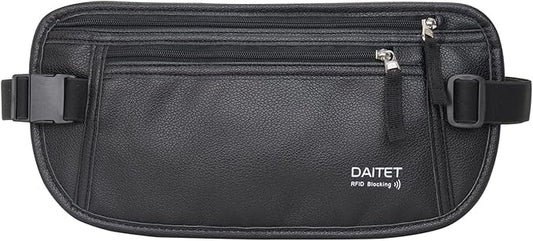 PU Leather Money Belt - Passport Holder Secure Hidden Travel Wallet with RFID Blocking, Undercover Fanny Pack(Black)