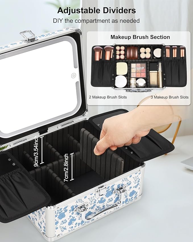 Relavel Makeup Bag with LED Mirror, Makeup Box Travel Train Case with Rechargeable Lighted Mirror, Cosmetic Brush Organizer Storage for Makeup Artists Gifts for Women and Girls, Floral Print