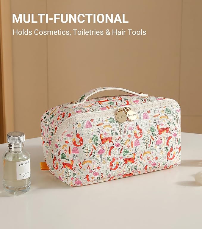 Aveniee Travel Makeup Bag for Women, Large Cosmetic Organizer with Open-Flat Design, Clear Divider & Handle - Waterproof PU Leather Toiletry Pouch