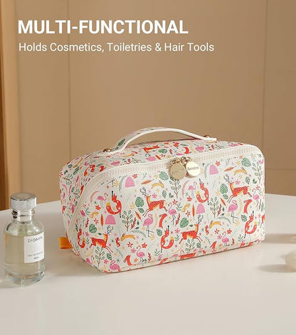 Aveniee Travel Makeup Bag for Women, Large Cosmetic Organizer with Open-Flat Design, Clear Divider & Handle - Waterproof PU Leather Toiletry Pouch