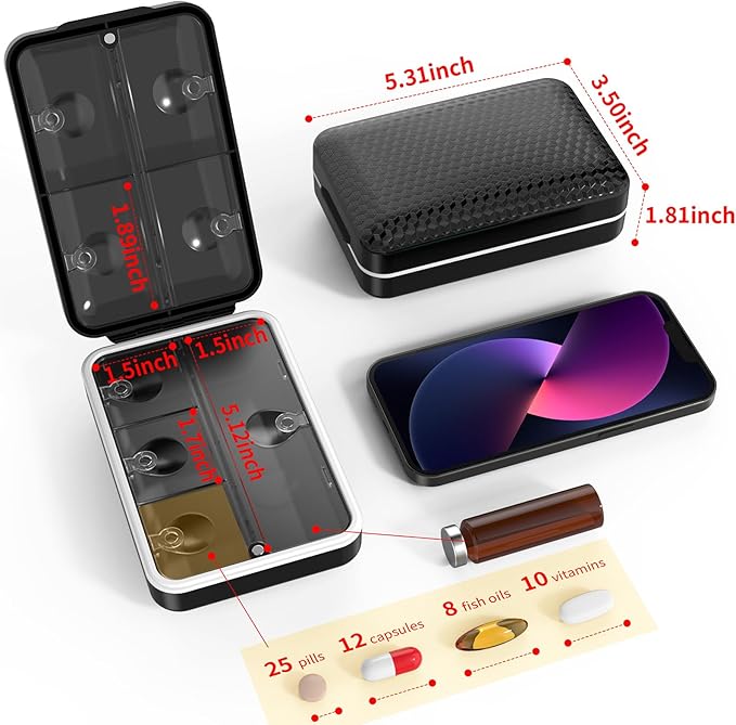 Restree Weekly Pill Organizer, Magnetic Moisture Proof Pill Case, Large Capacity Travel Pill Box with Inner Clear Lid for Vitamins, Supplements, and Daily Medications 8 Compartment (Black)