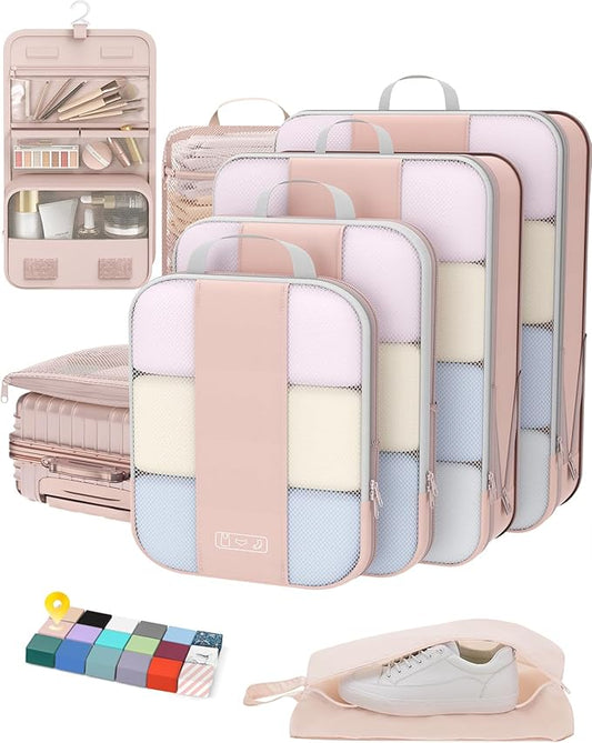 OlarHike 8 Set Compression Packing Cubes,Christmas Gifts for Women Mom Girl,Compressible Expandable Luggage Clothes Organizer for Travelers,Airplane/Cruise/Car/Train Travel Essentials(Beige)