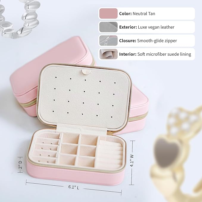 Small Travel Jewelry Box Organizer for women & Girls, Portable Small Travel Jewelry Case Organizer for Traveling, PU Leather Mini Box for Earrings, Necklaces, Rings, Bracelets - Pink