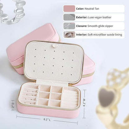 Small Travel Jewelry Box Organizer for women & Girls, Portable Small Travel Jewelry Case Organizer for Traveling, PU Leather Mini Box for Earrings, Necklaces, Rings, Bracelets - Pink