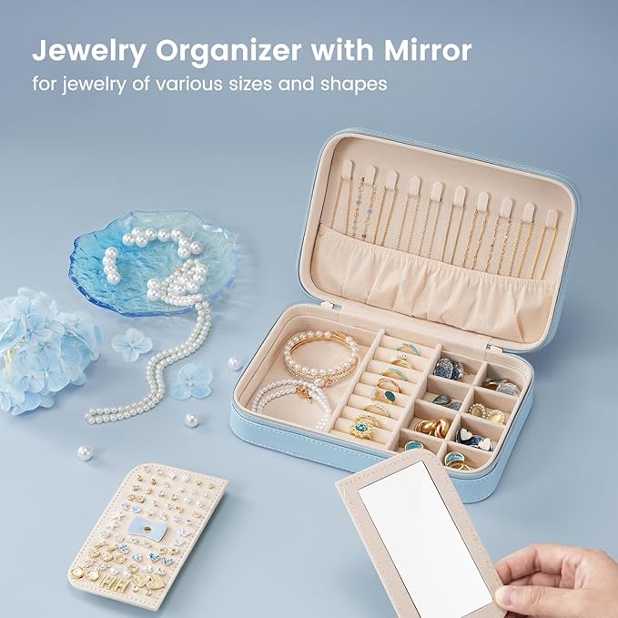 Lolalet Travel Jewelry Case for Women Girls, Travel Jewelry Organizer Box with Mirror & Clear Storage Bag, Small Portable Earring Necklace Bracelet Ring Case, Birthday Christmas Gifts -Medium, Blue
