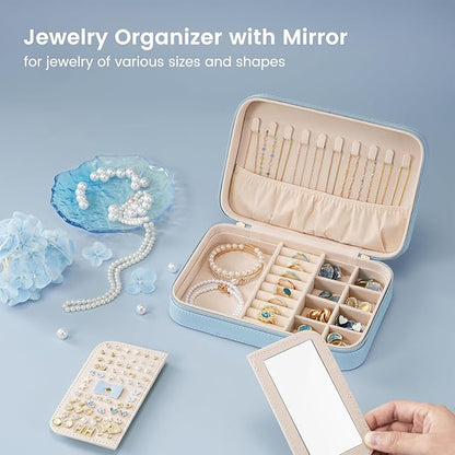 Lolalet Travel Jewelry Case for Women Girls, Travel Jewelry Organizer Box with Mirror & Clear Storage Bag, Small Portable Earring Necklace Bracelet Ring Case, Birthday Christmas Gifts -Medium, Blue