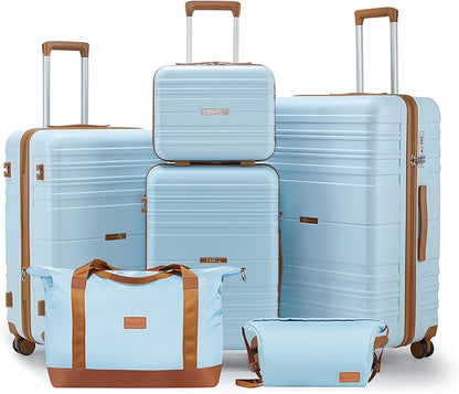 Luggage Sets 6 Piece with Spinner Wheels, Lightweight Hardshell Suitcase Set with TSA Lock, Carry On Checked Luggage with Travel Bag & Toiletry Bag(Light Blue, 6 piece sets（14/20/24/28/DB/TB）)