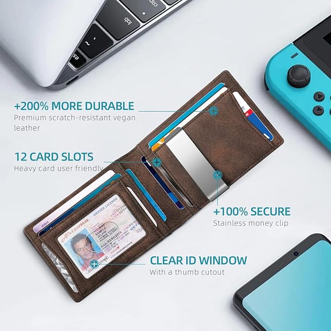 Zitahli Money Clip Wallets for Men,Slim Bifold Wallet 10-12 Cards, Mens Leather Wallet with ID Window,RFID Blocking Thin Minimalist Credit Card Holder,Gifts for Him