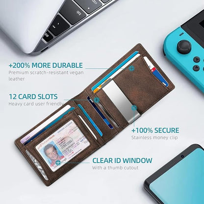 Zitahli Money Clip Wallets for Men,Slim Bifold Wallet 10-12 Cards, Mens Leather Wallet with ID Window,RFID Blocking Thin Minimalist Credit Card Holder,Gifts for Him