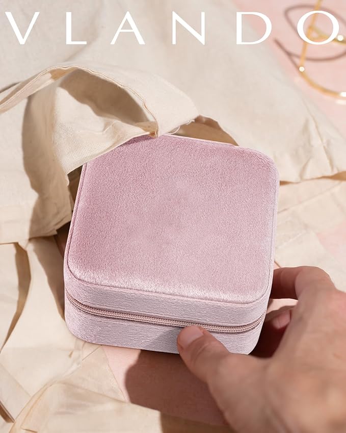 Vlando Velvet Travel Jewelry Case, Jewelry Travel Box for Women, Travel Jewelry Organizer, Small, Portable Jewelry Boxes with Mirror - Pink