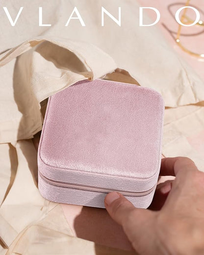 Vlando Velvet Travel Jewelry Case, Jewelry Travel Box for Women, Travel Jewelry Organizer, Small, Portable Jewelry Boxes with Mirror - Pink