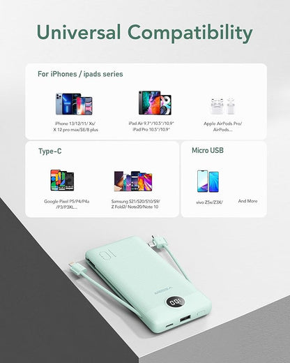 VEGER Portable Charger with Built-in AC Plug and Cables, All in One 10000mAh Ultra Slim Power Bank Travel Essentials, 15W Fast Charging Battery Pack Compatible with iPhone, Samsung, Android (Green)