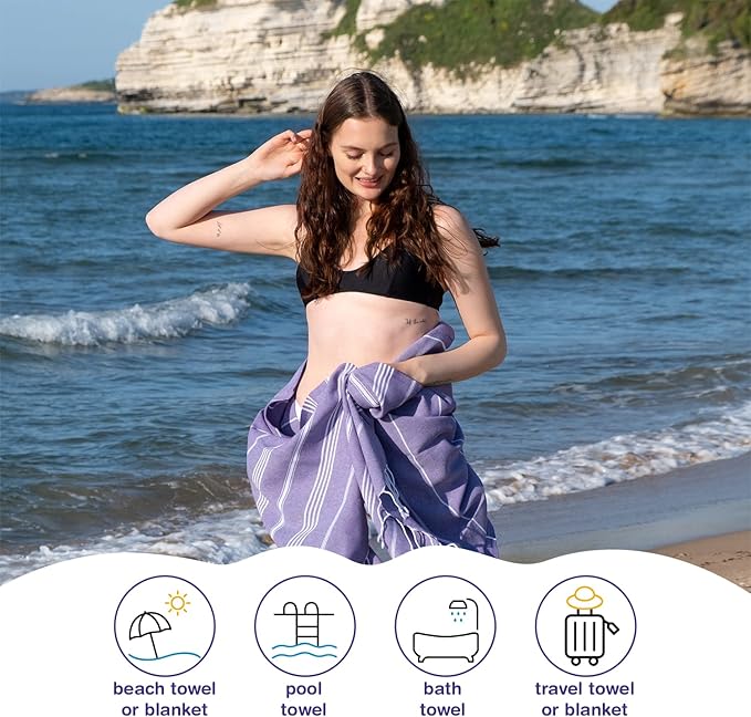 Turkish Beach Towels, Pack of 2 | Oversized, Quick Dry, Sand Free | 100% Cotton, Large 38x71 Towels for Beach, Pool, Travel | Ultra-Soft, Compact, and Absorbent | Purple