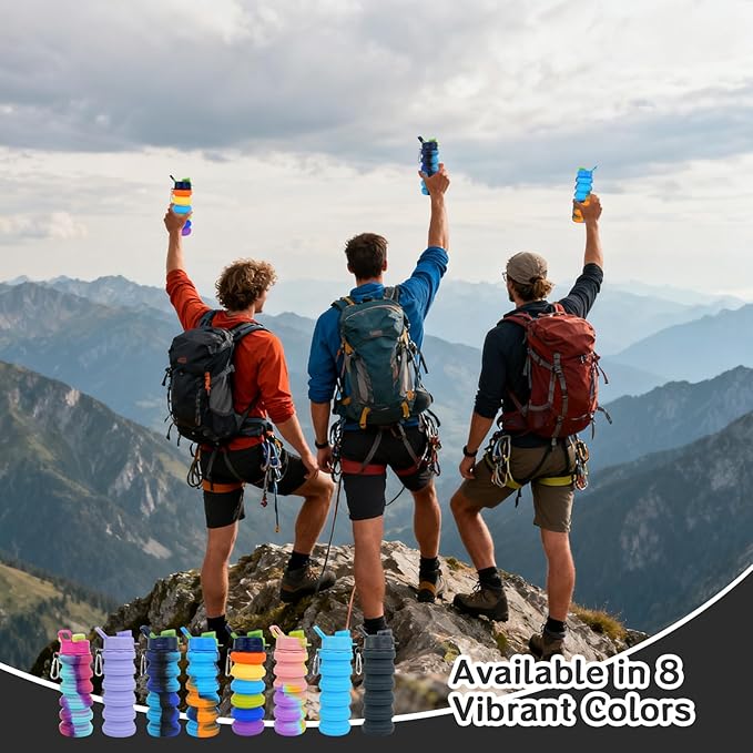 8 Pcs Collapsible Water Bottles with Clip 16 oz Portable Reusable Leakproof Silicone Foldable Water Bottles for Travel Camping Cycling Hiking Gym Yoga Outdoor Sports