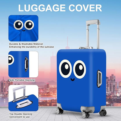 ANNA QUEEN Cute Smiley Face Luggage Cover, Blue Cartoon Suitcase Protector with Big Eyes Design, Stretchable, Washable Travel Cover for 32-34 Inch Luggage