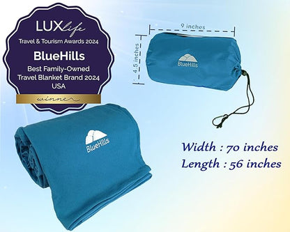 BlueHills Ultra Compact Travel Blankets for Two with Portable Carry Case Case Premium Soft Plush Large Airplane Blankets 2 Pack for Car Plane Train Hotel Layover Peacock -C204-2pk-Teal
