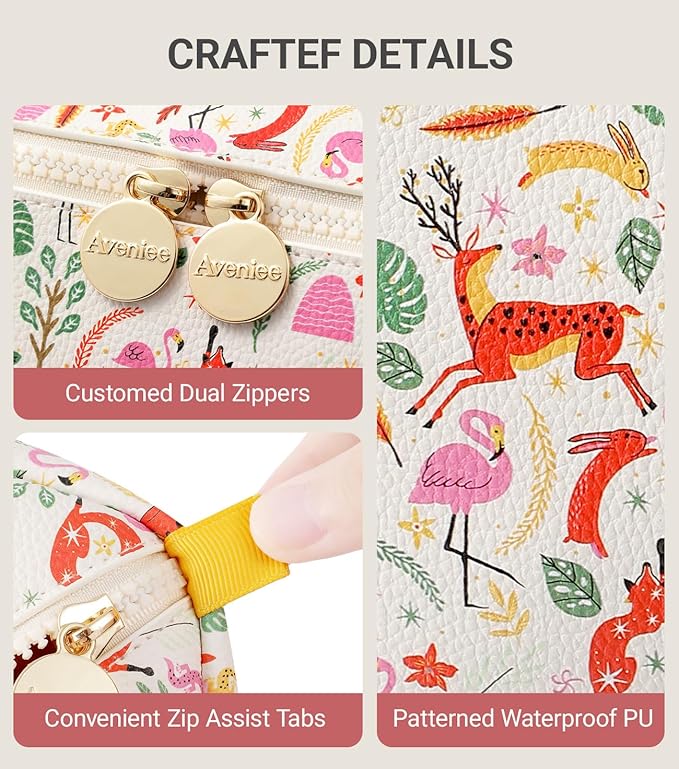 Aveniee Travel Makeup Bag for Women, Large Cosmetic Organizer with Open-Flat Design, Clear Divider & Handle - Waterproof PU Leather Toiletry Pouch